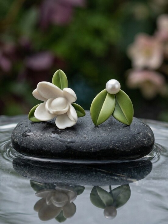NKULTD Jewelry - Mismatched Flower and Leaf Resin Stud Earrings 925 Silver Post Cottagecore 1"
